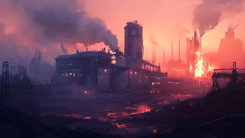 Burning industrial complex under toxic crimson sky