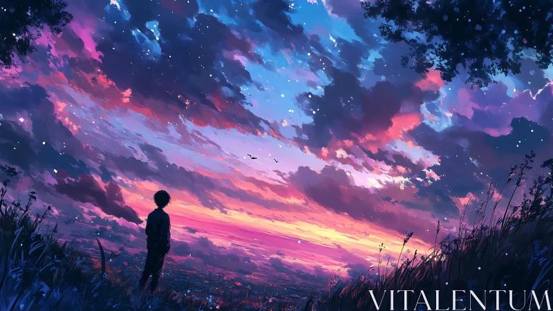 Evening sky welcomes a quiet dreamer into glowing clouds