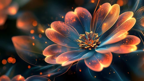 Luminous fractal flower in teal and ember glow digital art.