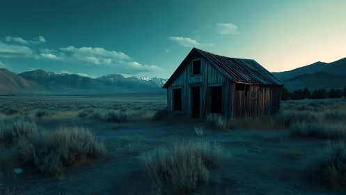 Deserted timber cabin at blue hour in wide mountain basin