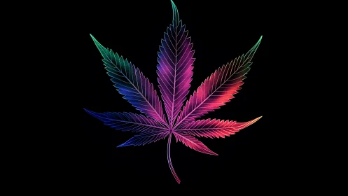 Neon cannabis leaf silhouette with prismatic gradient lighting.