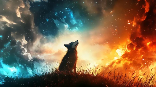 Digital painting of lone wolf beneath dual-element cosmic sky.