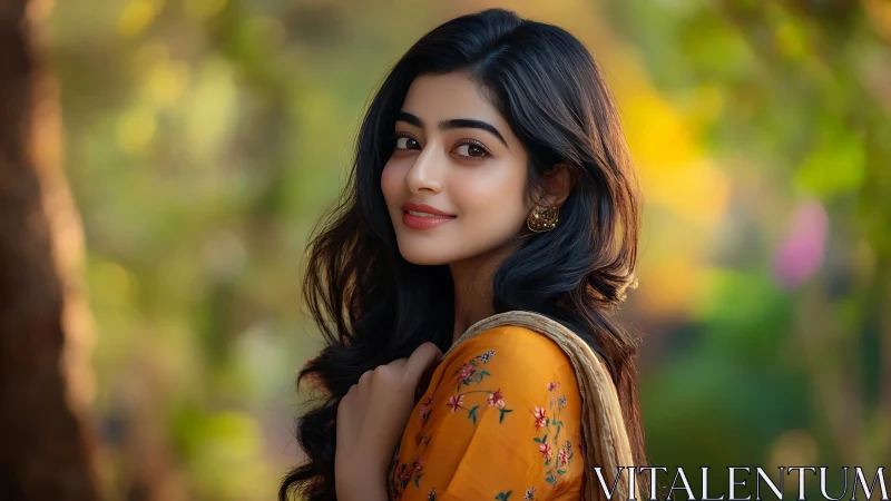 Young woman in floral dress outdoors, soft natural light portrait.