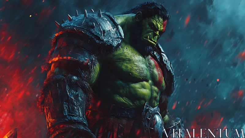 Battle-scarred green orc warrior in spiked plate armor, smoldering