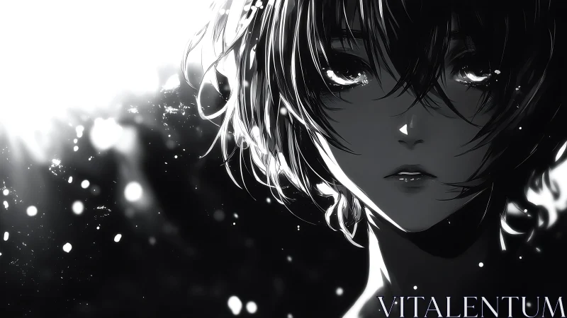 Monochrome anime portrait captures luminous sorrowful gaze.