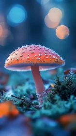 Luminous fly agaric mushroom amid dreamy forest bokeh.