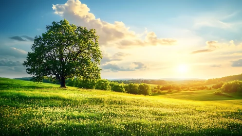 Solitary meadow tree drinks the last honeyed light of day
