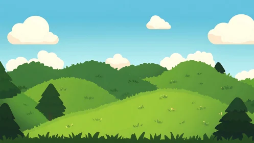 Stylized rolling hills landscape with layered cartoon foliage.