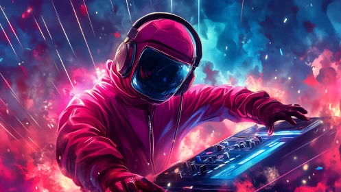 DJ in reflective helmet operates mixer in neon vaporwave scene