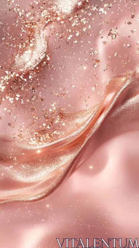 Rose gold metallic fluid waves with suspended glitter particles
