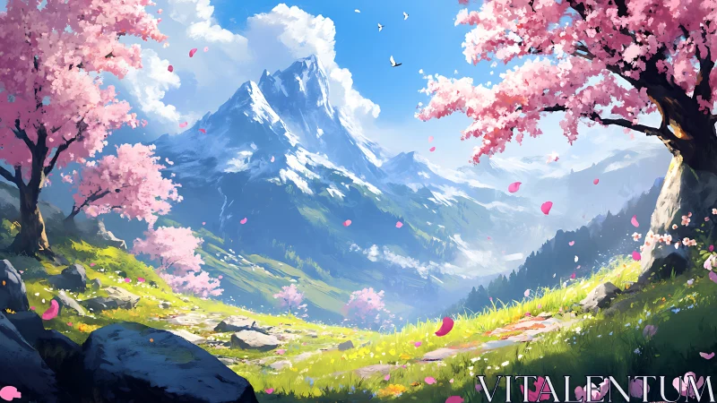 Blossoming valley beneath towering snowcapped mountain peaks.