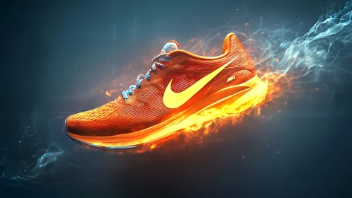 Orange Nike running shoe with fiery glowing sole effect.