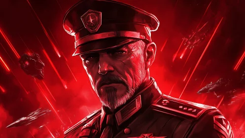 Red-spectrum admiral portrait amid vectorized space barrage.