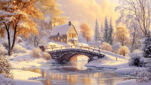 Golden hush over snowlit cottage bridge at winter dusk.