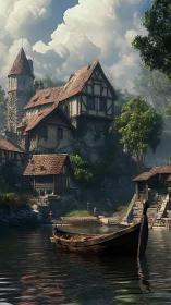 Riverside medieval haven where a lonely wooden boat dreams.