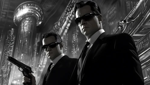 Monochrome suited agents in noir cyber baroque interior.