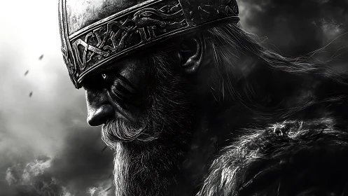 Monochrome warrior profile with engraved helm and stormscape.