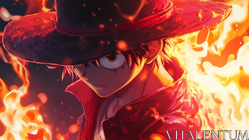 Determined anime pirate stands in swirling orange fire glow