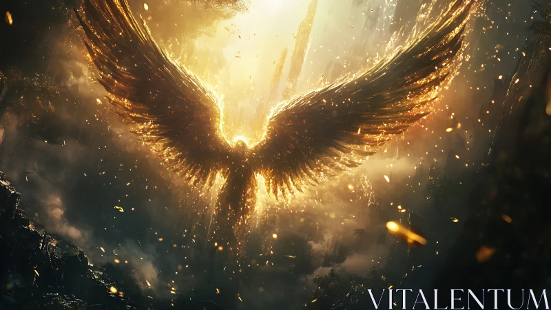 Backlit seraphic figure with radiant golden wings in volumetric haze