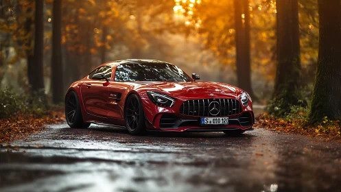 Red Mercedes-Benz sports coupe on wet forest road at dusk.