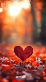 Red heart shape surrounded by scattered autumn leaves under warm bokeh light