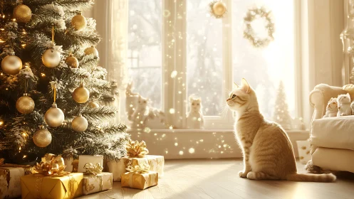Domestic cat observing illuminated Christmas tree in warm bokeh glow