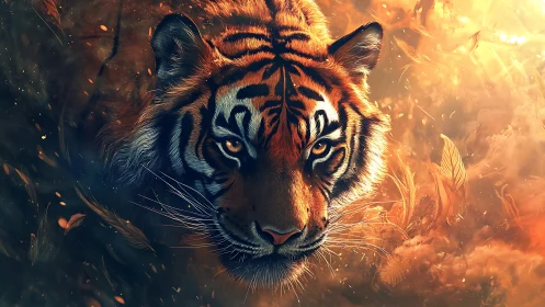 Tiger head in warm-toned digital environment close-up.