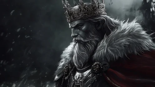 Brooding elder king in fur cloak on stormy throne-world.