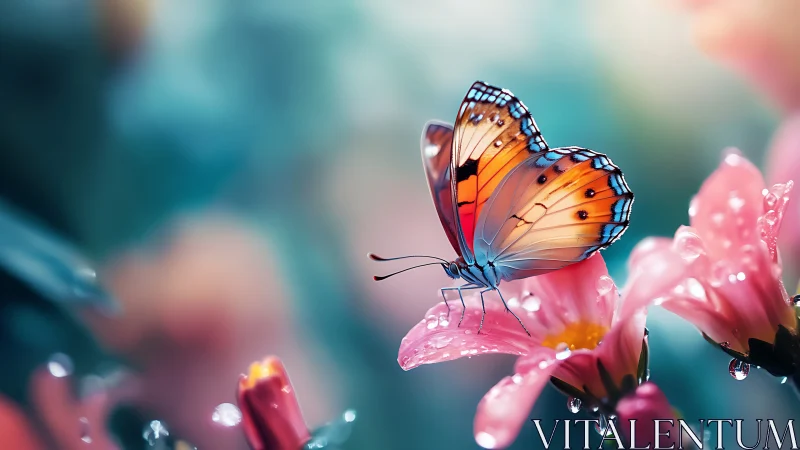 Macro digital painting of butterfly on dew-covered blossoms.