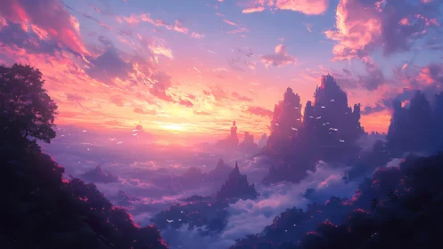Radiant fantasy mountains welcome a dreamy sunrise sky