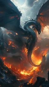 Infernal dragon circling molten volcanic chasm in flight.