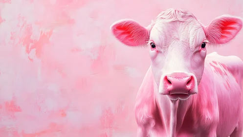 Pink cow portrait stands against dreamy textured backdrop.