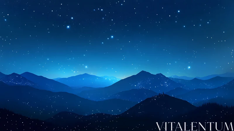 Midnight starlit mountains under deep cerulean skies.