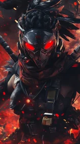 Ember-eyed cyber huntress strides through molten twilight.