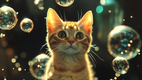 Curious Kitten Floating Among Magical Glowing Bubbles.