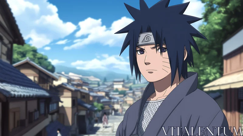 Anime ninja youth standing in quiet traditional street.