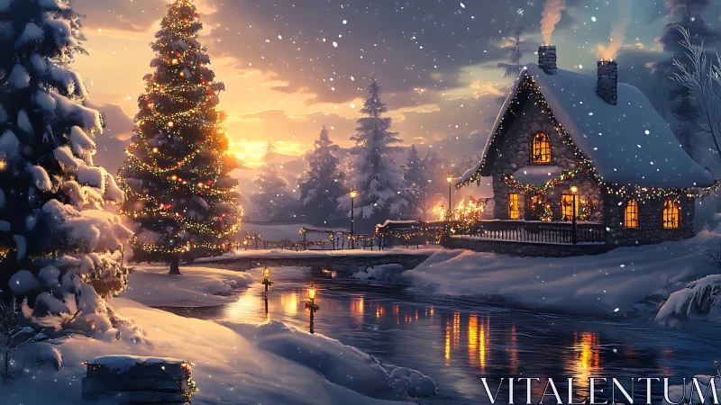 Snowy cottage glows beside decorated Christmas tree at dusk