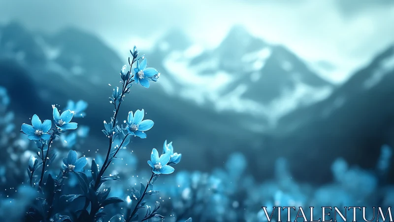 Selective focus on cyan alpine flowers against defocused snowy peaks