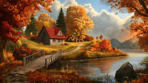 Lakeside cottage under vivid autumn foliage at sunset.