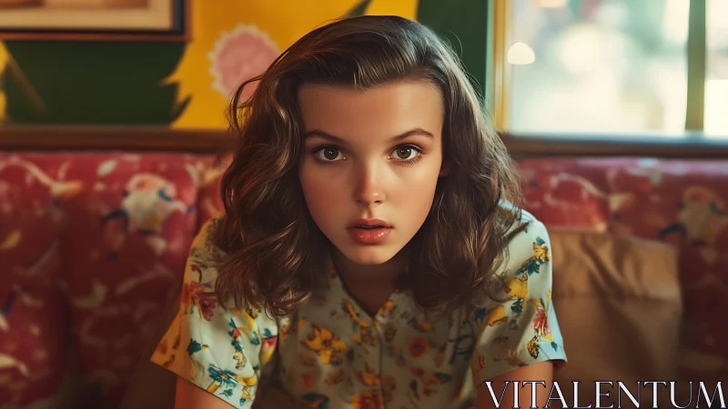 Young girl leans forward in warmly lit retro diner booth
