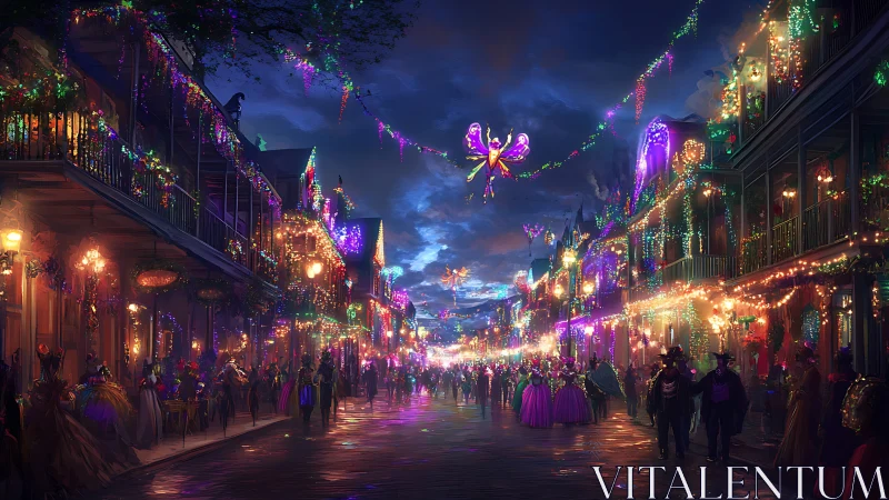 Mardi Gras masquerade parade under neon carnival lights.