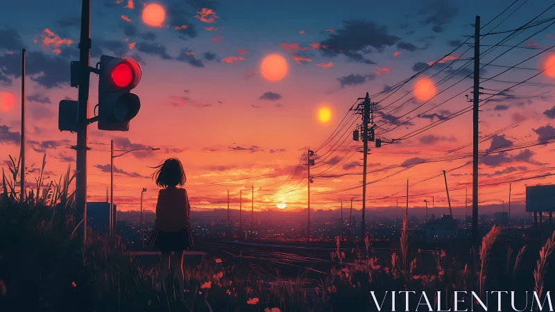 Girl watching red sunset over city railway lines.