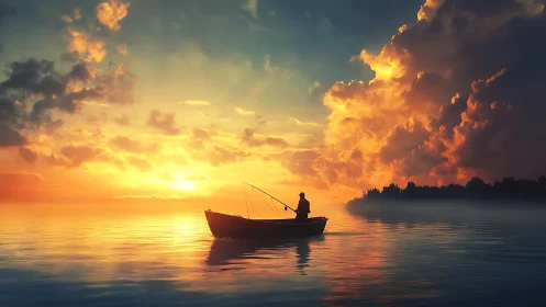 Lone angler in small boat under vivid sunset sky.