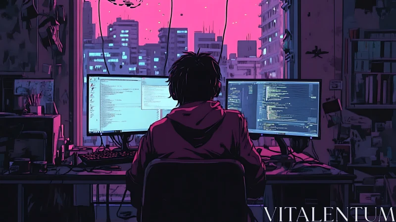 Programmer at dual monitors in neon city workspace.