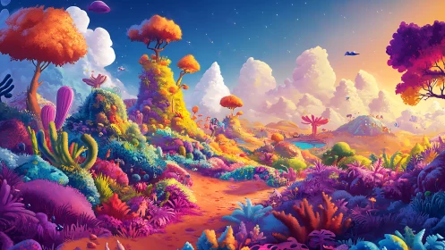 Vibrant alien landscape shows luminous plants under bright sky