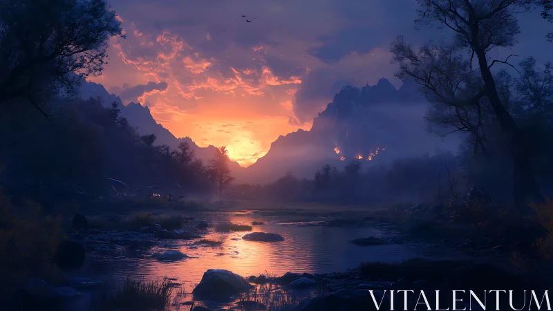 Mountain valley river at dusk with illuminated sky and fire.