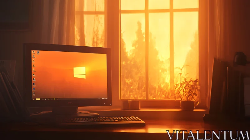 Sunlit home office computer glowing in warm evening light.