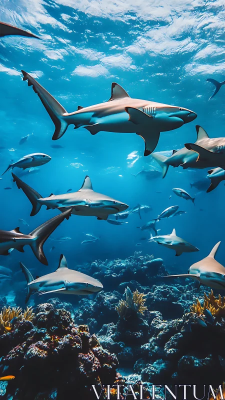 Sharks cruising above coral reef in clear blue ocean.