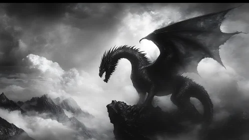 Monochrome dragon silhouette dominates storm-laden alpine cloudscape