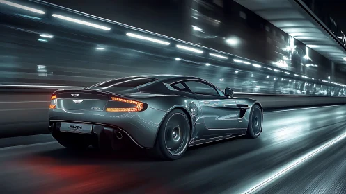 High-speed grand tourer on wet neon-lit tunnel expressway